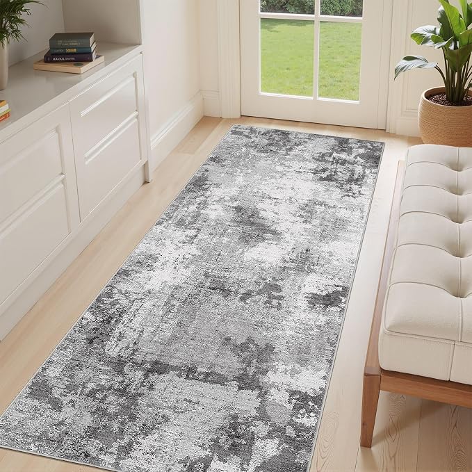Abstract 3x8 Runner Rug: Machine Washable Non Slip Ultra Thin Low-Pile Carpet, Soft Stain Resistant for Hallway Kitchen Bathroom, Kid Pet Friendly, Robot Vacuum Compatible - Grey