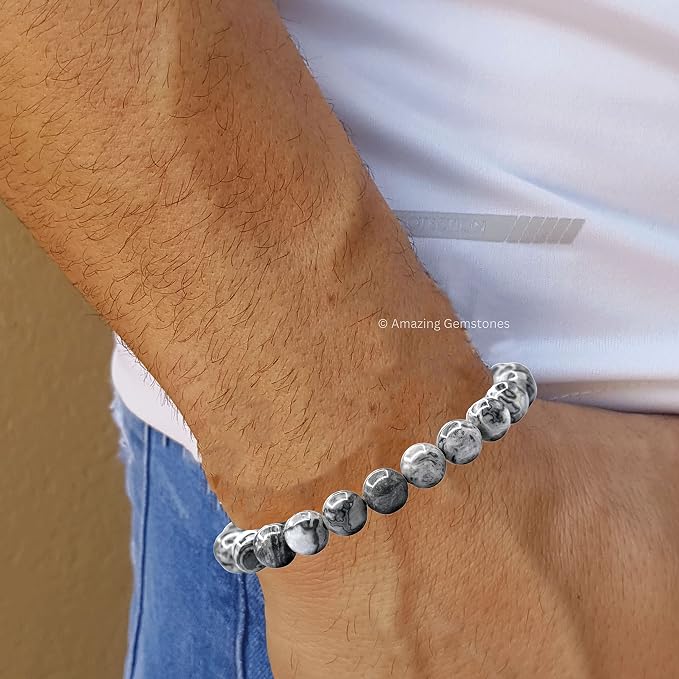 Amazing Gemstone Map Stone Bracelet for Women Men's Gifts - Protection Healing Crystal Bracelet - 8mm Gemstones Beaded Adjustable Bracelet Pulseras para Hombres Mujer Stocking Stuffers