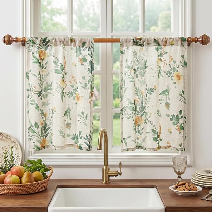 MYSKY HOME Floral Kitchen Curtains 30 Inches Linen Tier Curtains Farmhouse Green Flower Patterned Small Window Treatments Airy Light Filtering Rod Pocket for Living Room Bathroom 2 Panels,Each 26" W