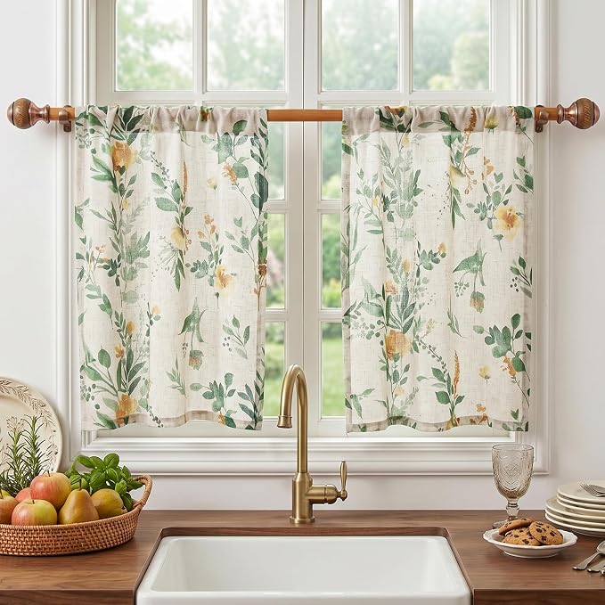 MYSKY HOME Floral Kitchen Curtains 36 Inches Linen Tier Curtains Farmhouse Green Flower Patterned Small Window Treatments Airy Light Filtering Rod Pocket for Living Room Bathroom 2 Panels, Each 26" W