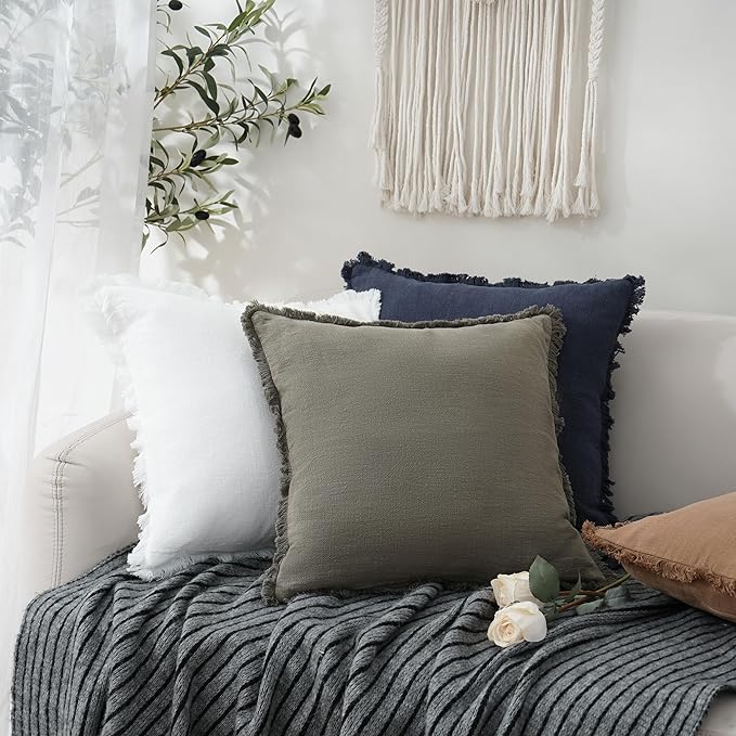 Foindtower Set of 2 Decorative Linen Fringe Throw Pillow Covers Cozy Boho Farmhouse Cushion Cover with Tassels Soft Accent Pillowcase for Couch Sofa Bed Living Room Home Decor, 22×22 Inch, Navy Blue