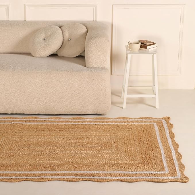 Natural Scalloped Wave Jute Rug Rustic Handwoven Braided Living Room 4x6 ft