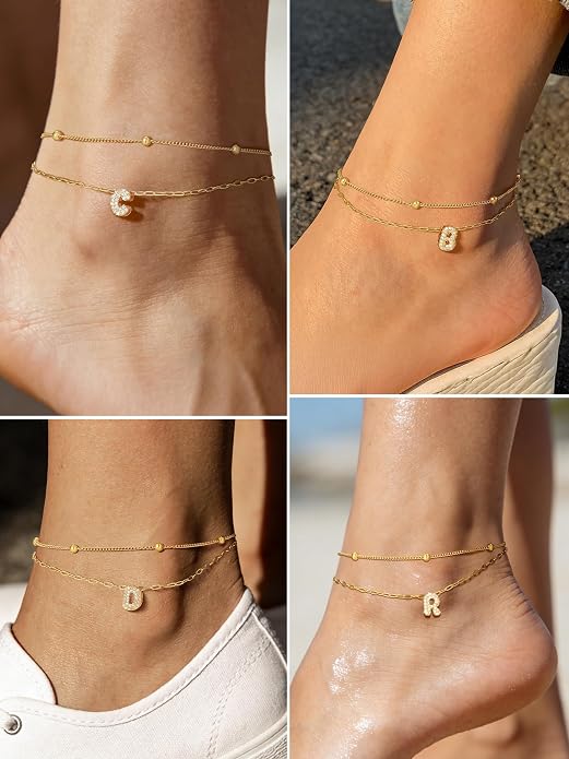 FindChic Silver/14K Gold Plated Layered CZ Initial Ankle Bracelet for Women | Waterproof Stainless Steel, Cubic Zirconia Letter Charm, Non-Tarnish, Hypoallergenic, Adjustable Extender, Summer Jewelry