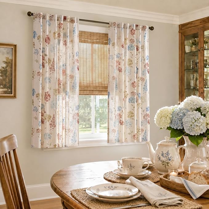 jinchan Floral Linen Curtains 63 Inch Vintage Cottagecore Back Tab 2 Panels | Light filtering drapes, semi sheer, farmhouse, botanical, watercolor, living room, bedroom, rod pocket, window treatment