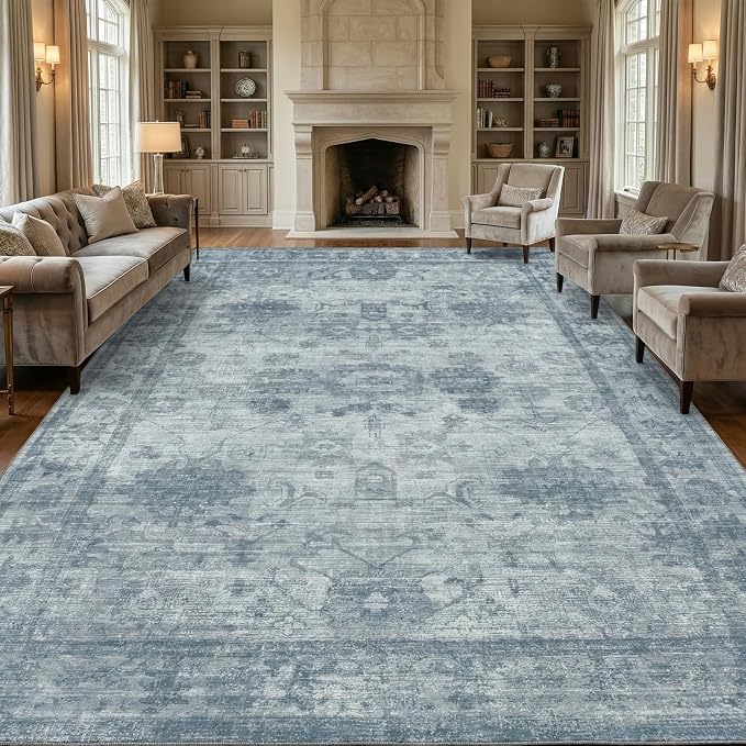 Homemate Washable Rug 10x14 Area Rugs - Vintage Faux Wool Rugs for Living Room Bedroom Dining Room - Non Slip Foldable Carpet Indoor Area Rug for Home Decor（10'x14', Blue