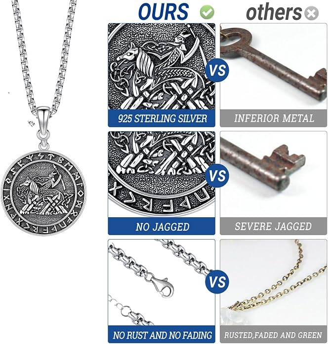 Eusense Viking Necklace for Men Women 925 Sterling Silver Pendant Thors Hammer/Norse Runes/Odin's Ravens/Wolf/Dragon/Snake/Yggdrasil/Freya/Helm of Awe/Valknut/Triskelion/Axe/Shield Viking Jewelry