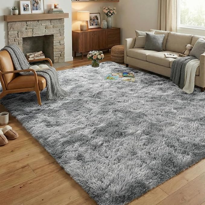 Fluffy 5x7 Area Rugs for Bedroom: Tie-dye Light Grey Soft Shag Rug for Living Room, Large Fuzzy Plush Indoor Floor Carpet Non Slip Modern Rug for Nursery Boys Girls Kids Room Playroom Dorms Home Decor