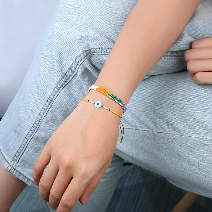 KELITCH Evil Eye Bracelets Crystal Seed Beaded Adjustable Cuff Charms Bracelets Amulet Fashion Jewelry Gift for Women