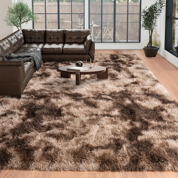 Dssimo Brown Rug for Bedroom Living Room, 9x12 Soft Shaggy Area Rugs | Large Plush Furry Non-Slip Brown and Cream Rug for Nursery Kids Room Dorm Room Home Decor, Indoor Plush Floor Carpet