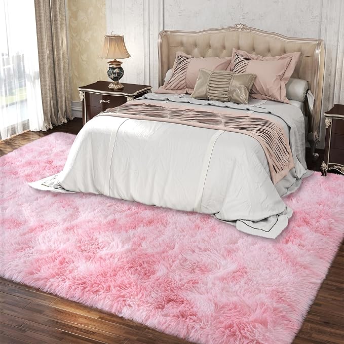 Dssimo Pink and White Rug for Living Room Bedroom,6x9 Soft Shaggy Area Rug | Upgrade Non-Slip Large Pink Fuzzy Rug for Girls Nursery Kids Room Dorm Room Home Decor, Indoor Plush Floor Carpet