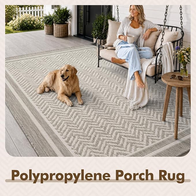 MontVoo-Outdoor Rug-Patio Rug 4x6 Polypropylene Indoor Outdoor Rugs Outdoor Carpet for Patio Deck Balcony Porch, Textured Weave, Durable for High Traffic, Fade-Resistant, Boho Farmhouse Neutral Grey
