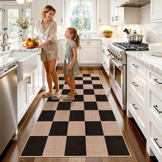 3x6 Kitchen Runner Rug Washable: Non Slip Checkered Faux Jute Farmhouse Mat | Thin Easy Clean Indoor Outdoor Boho Rugs Entryway Hallway Bedroom Modern Home Decor Durable Low Pile Floor Carpet (Black,3x6)