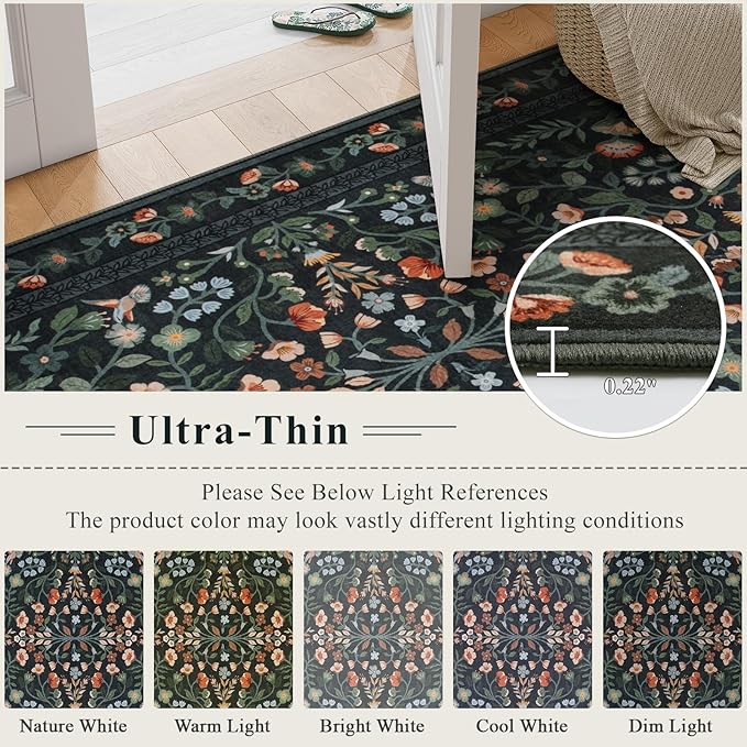 Lahome Black Floral Washable Area Rug 9x12, Extra Large Non Slip Stain Resistant Carpet for Living Room Dining Room, Low-Pile Soft Botanical Rug for Bedroom Office, Machine Washable Home Decor, Black