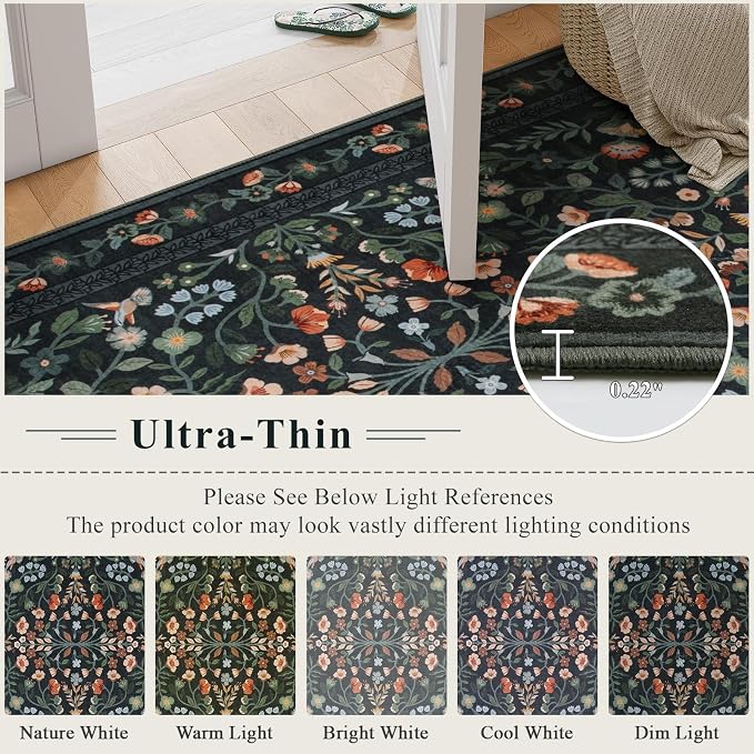 Lahome Black Floral Washable Rug 5x7, Vintage Non Slip Stain Resistant Carpet for Bedroom Kitchen Entryway, Low-Pile Soft Boho Rug for Living Room Office, Machine Washable Home Decor, Black