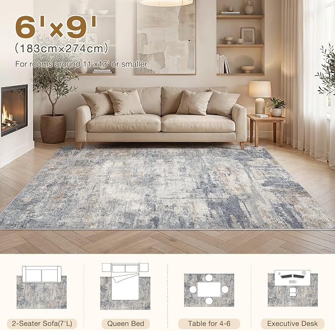 cotiled 6x9 Area Rugs Abstract Soft Non Slip Washable Living Room Rug | Stain Resistant, Robot Vacuum & Pet Friendly, Low-pile, For Living Room, Bedroom, Dining Table, Nursery Blue/Brown