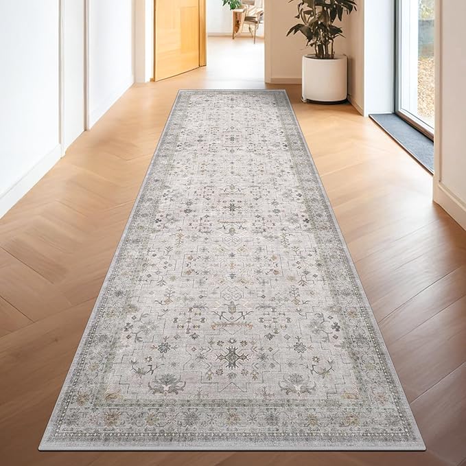 Boho Washable 10ft Long Runners for Hallways, Light Gray & Sage 2'6"x10' Wide Kitchen Runner Rug, Vintage Entryway Indoor Rug, Non-Slip Stain Resistant Low Pile Throw Rug