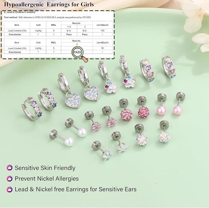10/12 Pairs Hypoallergenic Flat Back Earrings - Stainless Steel Set for Sensitive Ears - Cute Girls & Toddler Earrings