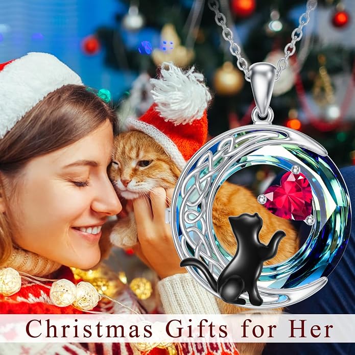 TOUPOP Cat Gifts for Cats Lovers 925 Sterling Silver Black Cat Necklace Celtic Moon Birthstone Jewelry for Women Anniversary Birthday Gift for Her Wife Mom