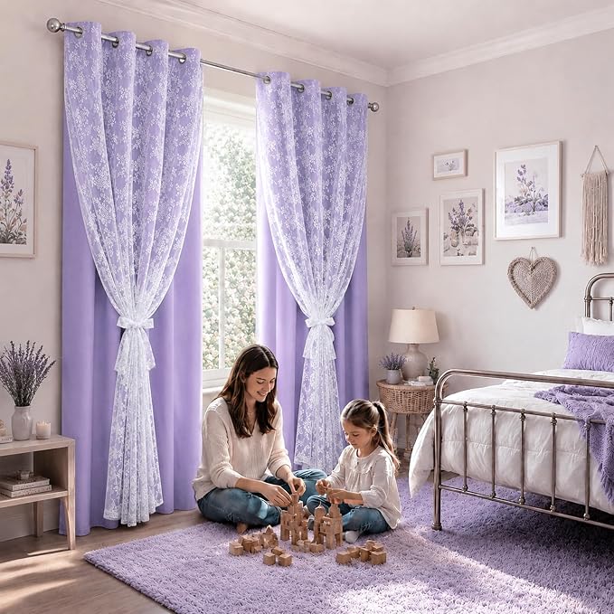 Yinhua Purple Curtains for Girls Room Double Layer Blackout Curtains for Bedroom 84 Inches Long Nursery Curtain for Living Room, Grommet Drapes with Tiebacks, 52" W x 84" L