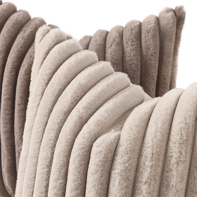 decorUhome Fall Faux Fur Throw Pillow Covers 16x16 Set of 2 Tan | Decorative Soft Cozy Striped Plush Modern Farmhouse Boho Couch Pillow Cases Velvet Back for Sofa Bed Living Room Home Decor