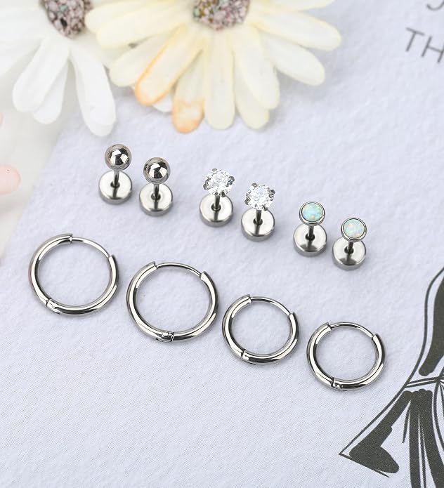 MJust Titanium Earrings for Sensitive Ears 20G Hypoallergenic Stud Hoop Earrings for Women Men Opal Ball CZ Heart Pearl Flat Back Earrings Cartilage Earrings Set