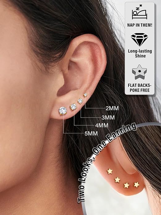 Moissanite Earrings Studs - 925 Sterling Silver Earrings for Women Men 14K Gold Plated Double Sided Star Flat Back Stud Earring Hypoallergenic Small Cartilage Helix Piercing Jewelry D Color VVS1