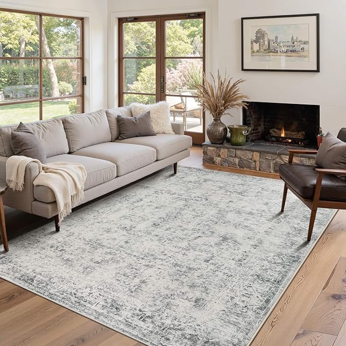 Rugxara 4x6 Area Rug for Living Room Bedroom Washable Rug, Grey | Non Slip, Throw Rug for Entryway Dining Room Office Kids Room, Stain Resistant, Soft, Low Pile, Vintage Boho Retro Carpet