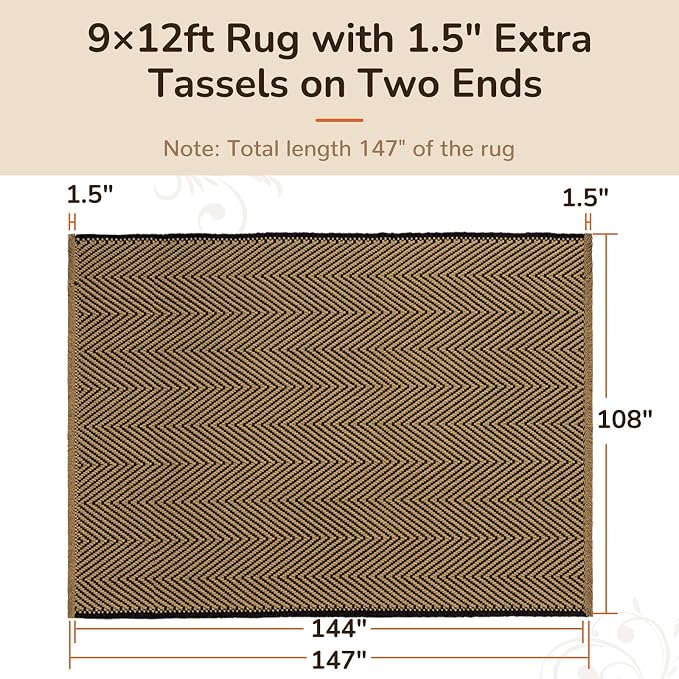 9x12 Washable Boho Area Rug with Tassels for Living Room Beige Black | Vacuum Friendly, Machine Washable, Non-Slip Rug, Modern Farmhouse Neutral Decor Carpet, Bedroom Dining Room Office Kitchen