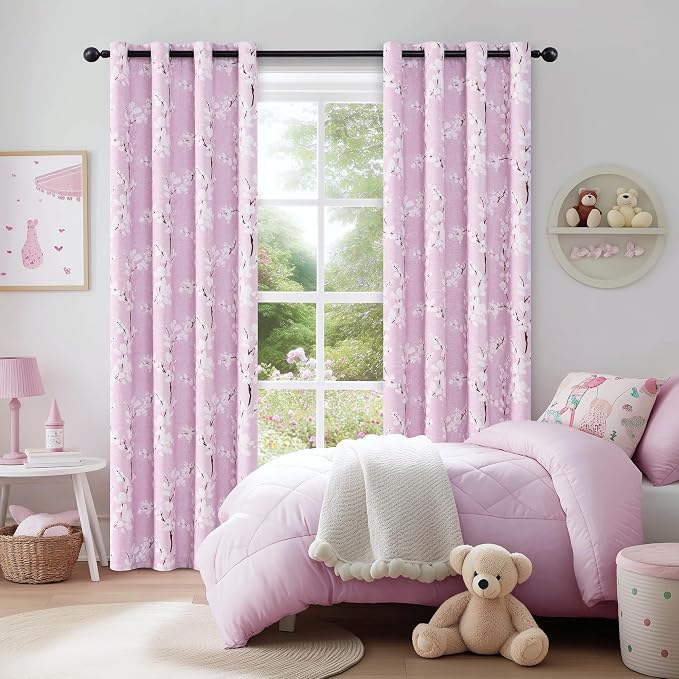 FMFUNCTEX 100% Blackout Pink Floral Curtains 63 Inch Long Grommet 2 Panels | Black Out Drapes, Thermal Insulated Cottage Farmhouse, Blossom Flower Patterned Curtain for Bedroom, Living Room Darkening