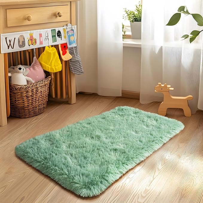 Dssimo Sage Green Rug for Bedroom 2x4 Feet Fluffy Bedside Rugs | Soft Shag Fuzzy Non-Slip Small Carpet for Kids,Girls Boys and Teens Decorations for Living Room Dorm Nursery Classroom