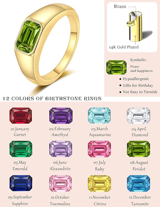 Birthstone Gold Rings for Women Non Tarnish 14K Gold Plated Chunky Emerald Rings Thumb Signet Statement Dainty CZ Band Ring Unique Waterproof Cute Jewelry Gift for Birthday Size 6-10