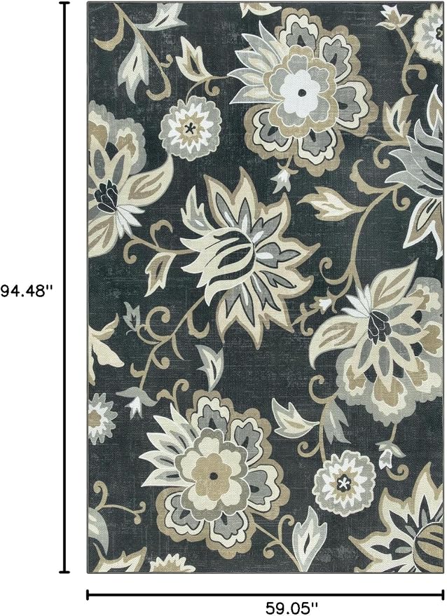 Lahome Floral Indoor Outdoor Rug, 5x8ft Non-Slip Outdoor Patio Rug for Camping Picnic, Portable Outdoor Carpet for Balcony Deck Backyard, Washable RV Mat Outdoor Rugs for Living Room Bedroom,Black