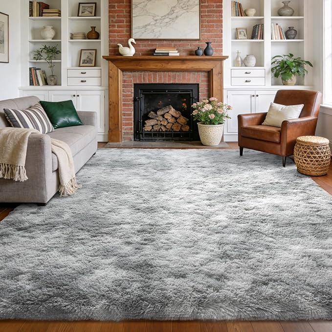 Large Shaggy 6x9 Area Rugs for Living Room Decor, Non-Slip Tie-Dyed Rugs for Bedroom Kids Playroom Dorm Room, High Pile Ultra Soft Carpet, Grey