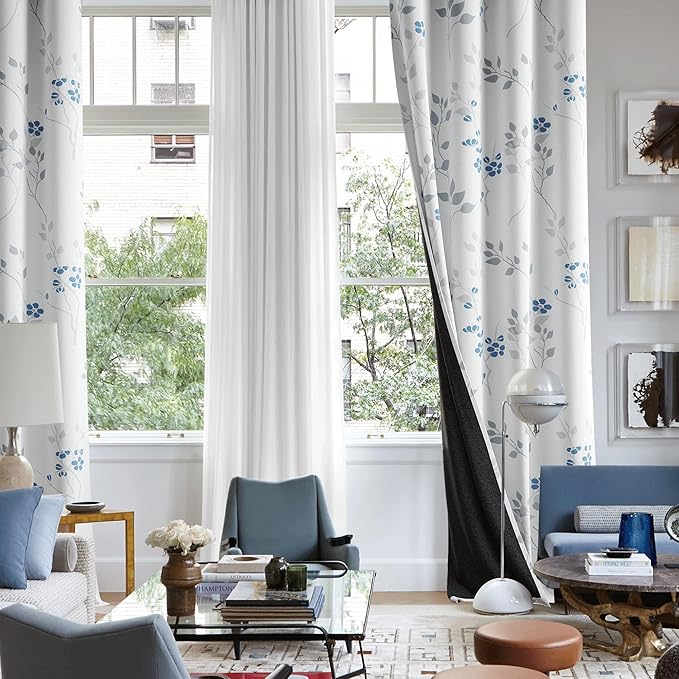 Beauoop Floral 100% Blackout Curtains for Bedroom Blue Grey 52X96 2 Panels | Flower Patterned Blue White Room Darkening Drapes for Living Room Thermal Insulated Soundproof Window treatment Grommet