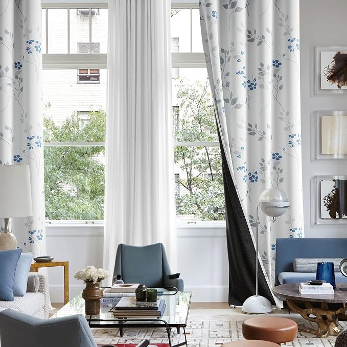 Beauoop Floral 100% Blackout Curtains for Bedroom Blue Grey 52X108 2 Panels | Flower Patterned Blue White Room Darkening Drapes for Living Room Thermal Insulated Soundproof Window treatment Grommet