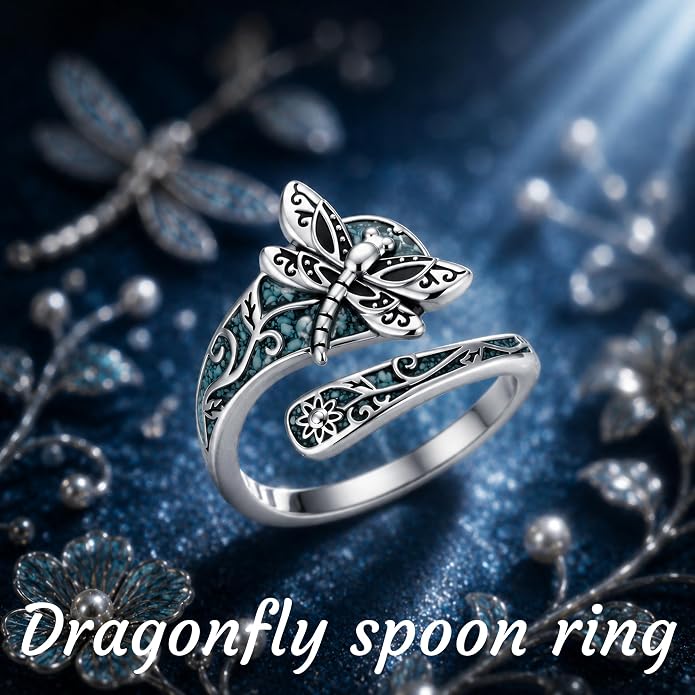 SNOWELLE Turquoise Spoon Rings S925 Sterling Silver Turquoise Adjustable Ring Jewelry Gift for Women Men