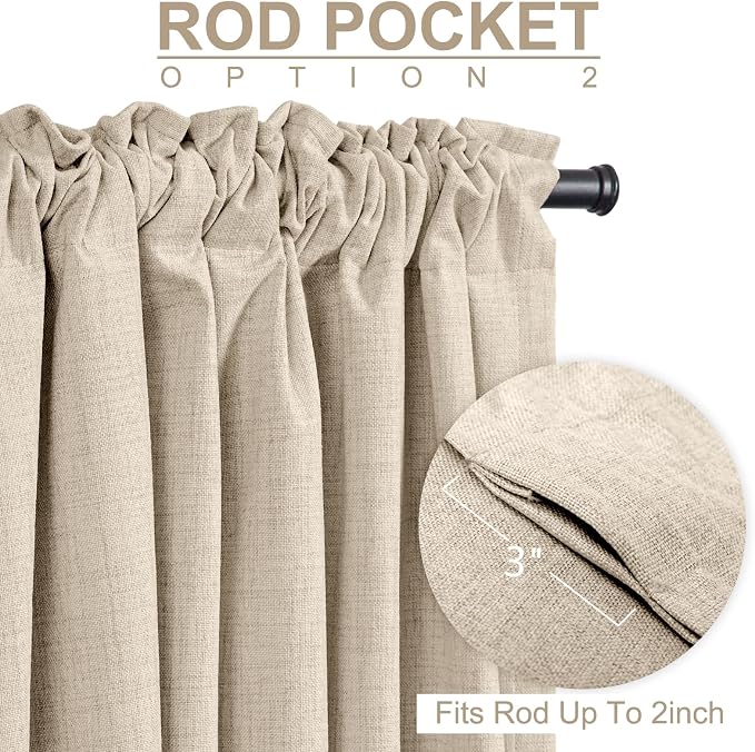100% Blackout Shield Linen Blackout Curtains for Bedroom 90 Inches Long, Back Tab/Rod Pocket Living Room Drapes, Thermal Insulated Blackout Curtains 2 Panels Set, 50" W x 90" L, NaturalFlax