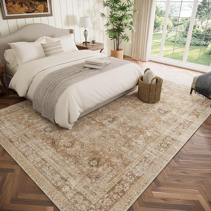 Boho Washable 8x10 Area Rugs for Living Room, Cushioned, Brown | Vintage Non-slip Neutral Oriental Rugs for Bedroom Dining Room Nursery Office High Traffic Area
