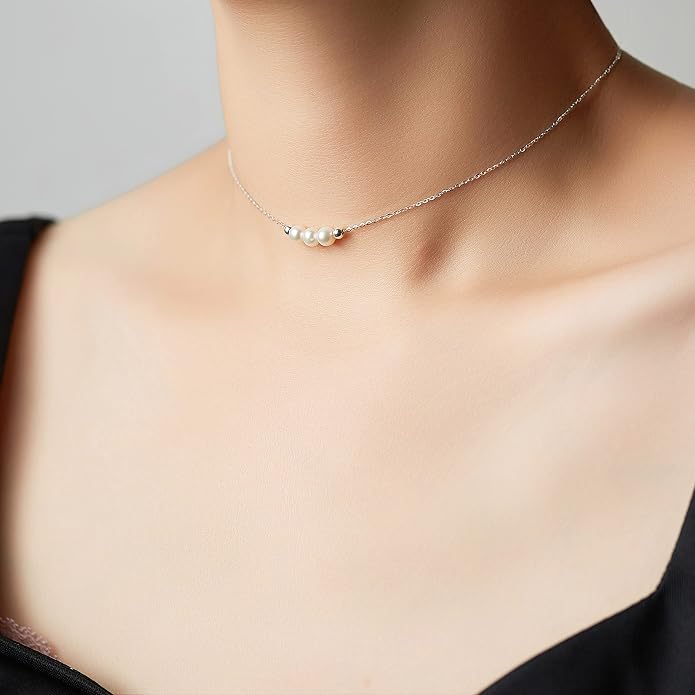 Dainty Crystal 925 Sterling Silver Choker Collar Necklace Handmade With 3 Beads Birthstone Jewelry Gifts for Women Young Lady Mother Friends Keenove