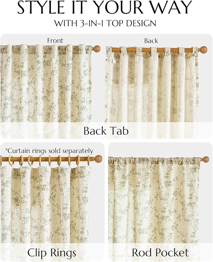 jinchan Green Floral Linen Curtains 90 Inch Farmhouse Back Tab 2 Panels | Flower patterned drapes, french country, light filtering, semi sheer, printed, privacy, bedroom, living room, home decor