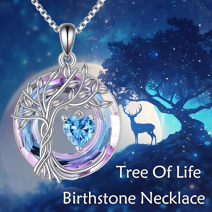 POPLYKE Mothers Day Gifts for Mom Her Wife Tree of Life Necklace 925 Sterling Silver Birthstone Pendant with Crystal Anniversary Birthday Wedding Jewelry for Women