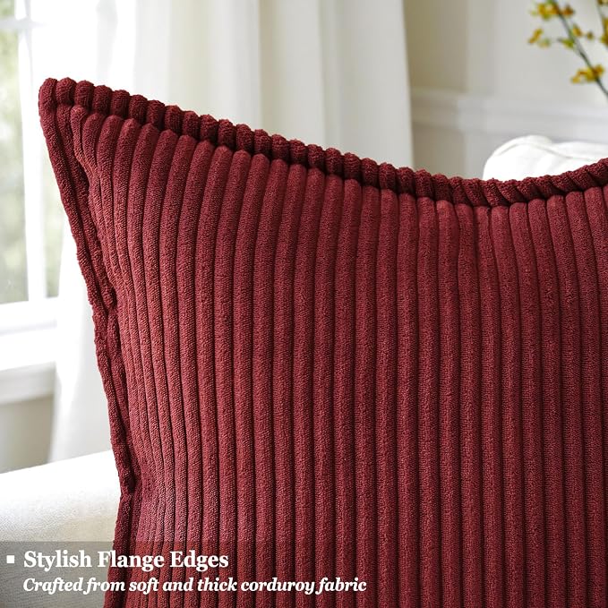 decorUhome Fall Corduroy Burgundy Throw Pillow Covers 22x22 Set of 2 | Euro Sham Couch Decorative Soft Modern Boho Farmhouse Pillow Covers Broadside Striped Pillow Cases for Living Room Bed Sofa