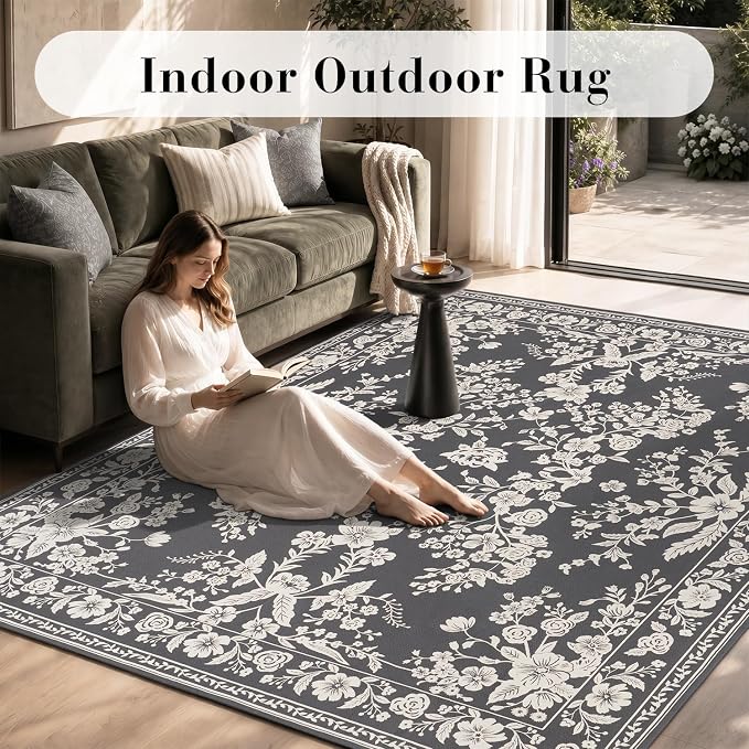 AMOAMI-Outdoor Rug-Patio Rug 5x8 ft Quick Dry Machine Washable Flatweave Textured Outdoor Carpet with Rubber Particles Backing Indoor Outdoor Rugs for Patio Deck Front Porch Balcony Greyish Black