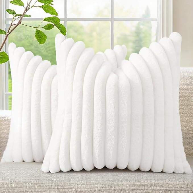 decorUhome Fall Faux Fur Throw Pillow Covers 22x22 Set of 2 White | Decorative Soft Cozy Striped Plush Modern Farmhouse Boho Couch Pillow Cases Velvet Back for Sofa Bed Living Room Home Decor