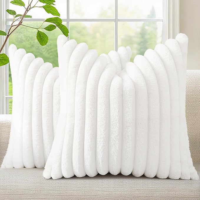 decorUhome Fall Faux Fur Throw Pillow Covers 26x26 Set of 2 White | Decorative Soft Cozy Striped Plush Modern Farmhouse Boho Couch Pillow Cases Velvet Back for Sofa Bed Living Room Home Decor