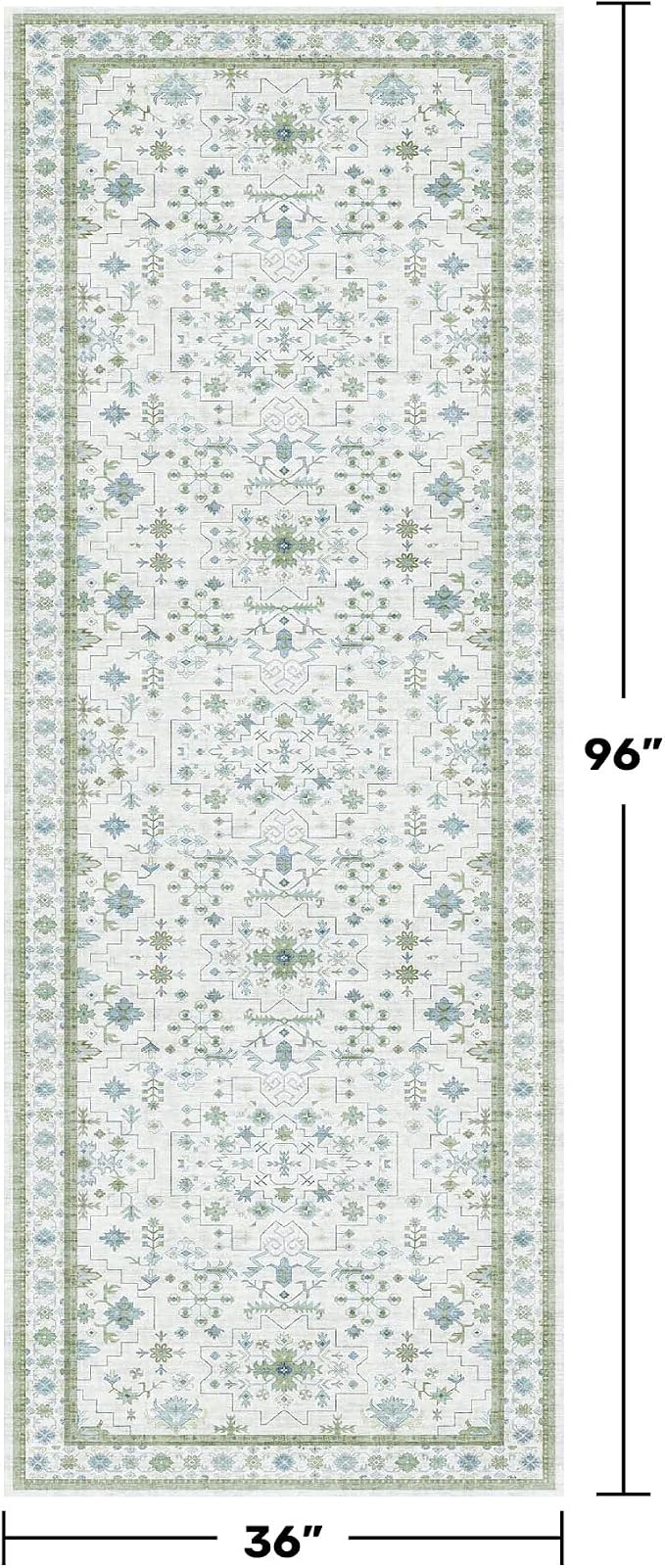 Hazo Haus Turkish 3x8 Wide Hallway Runner - Cream Green Oushak Boho Floral, Washable Low Pile Non Slip Stain Resistant Rug for Kitchen, Bathroom, Hall Way