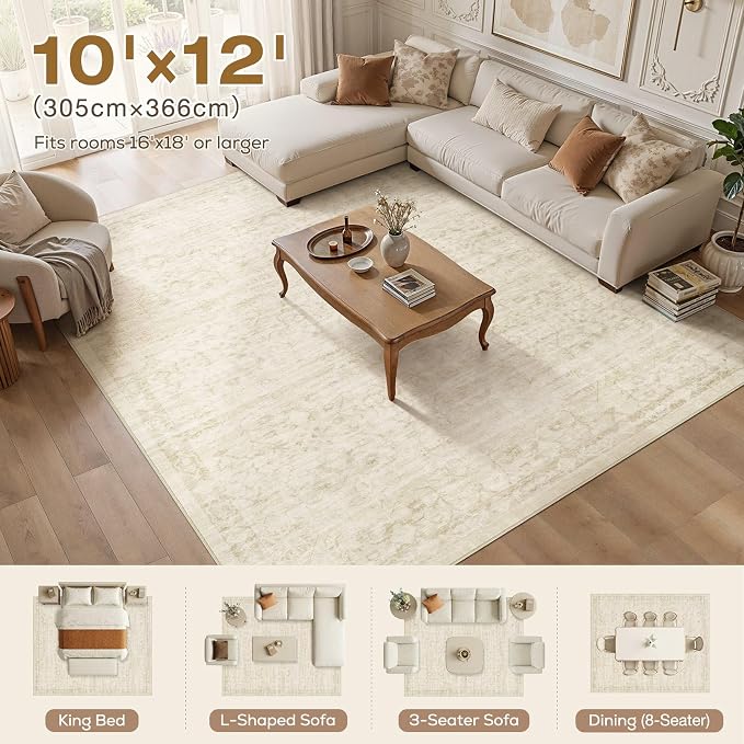 Nakagishi 10X12 Area Rugs Living Room: Washable Large Vintage Rug Neutral Non-Slip Soft Stain Resistant Indoor Carpet for Bedroom Nursery Dining Room Office Playroom - Vintage Beige