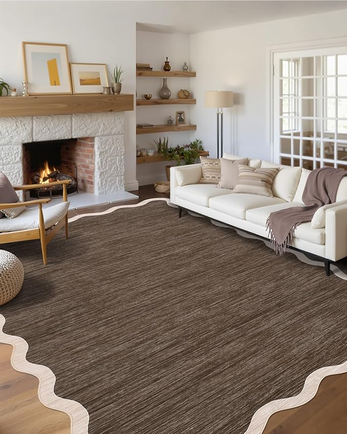 GarveeHome Scalloped Large Area Rug 10x13 Area Rug for Living Room Washable Rug Modern Rug Non Slip Throw Rugs Bedroom Rugs Low Pile Soft Stain Resistant Carpet for Dining Room Nursery 10'x13' Brown
