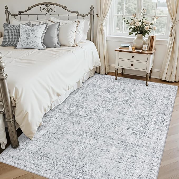 4x6 Area Rugs for Living Room: Vintage Boho Neutral Washable Rug Indoor Soft Large Area Rug Carpet for Bedroom Nursery Farmhouse Dining Room Office Floor Non-Slip Low Pile Under Table Rug Gray
