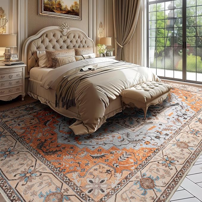 Lessymo 8 x 10 Area Rugs for Living Room, Machine Washable Area Rugs Boho Faux Wool Low Pile Area Rug for Bedroom Floral Medallion Vintage Rugs with Non-Slip Rubber, Kid & Pet Friendly, Orange Beige